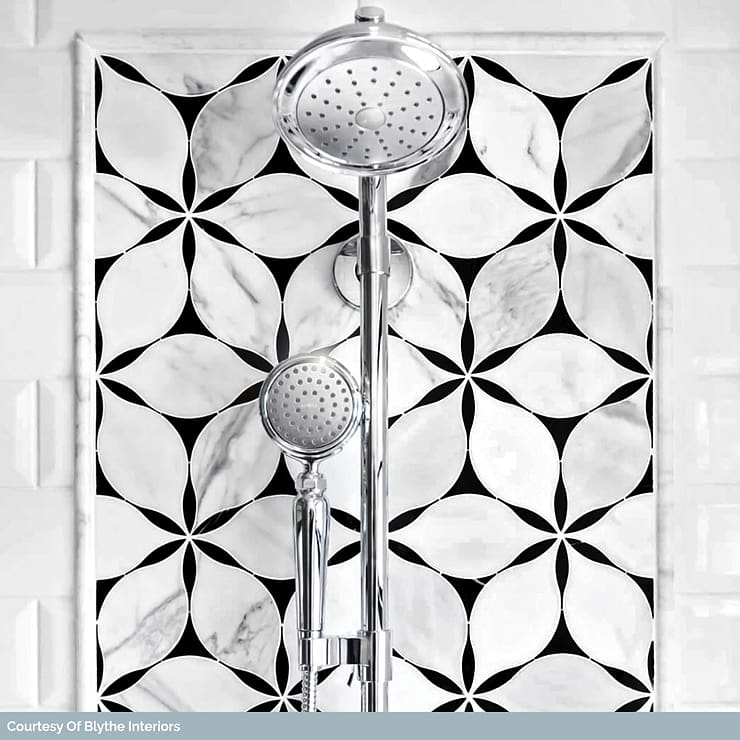 Evangeline Nero Marquina & Calacatta Polished Marble Tile- Black & White Floral