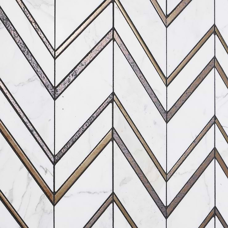 Magma Chevron Florence Bronze & White Polished Calacatta Marble & Lava Stone Mosaic Tile