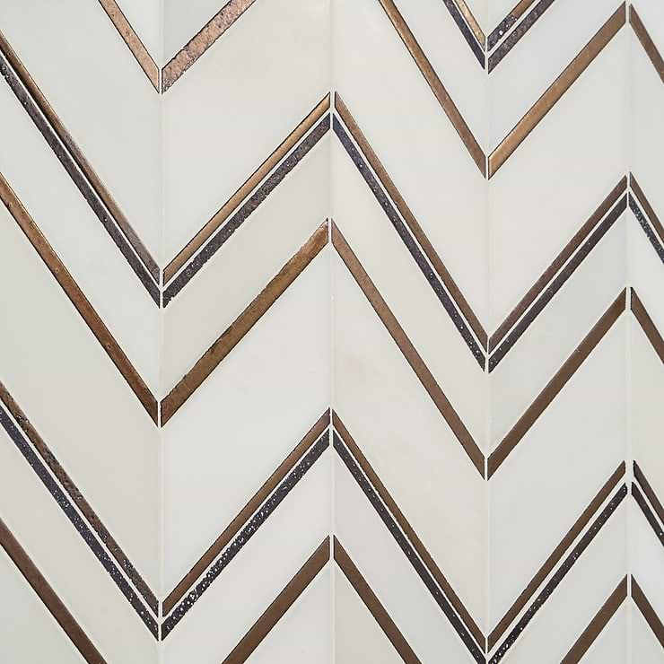 Magma Chevron Palermo White Marble and Bronze Lava Stone Polished Mosaic Tile