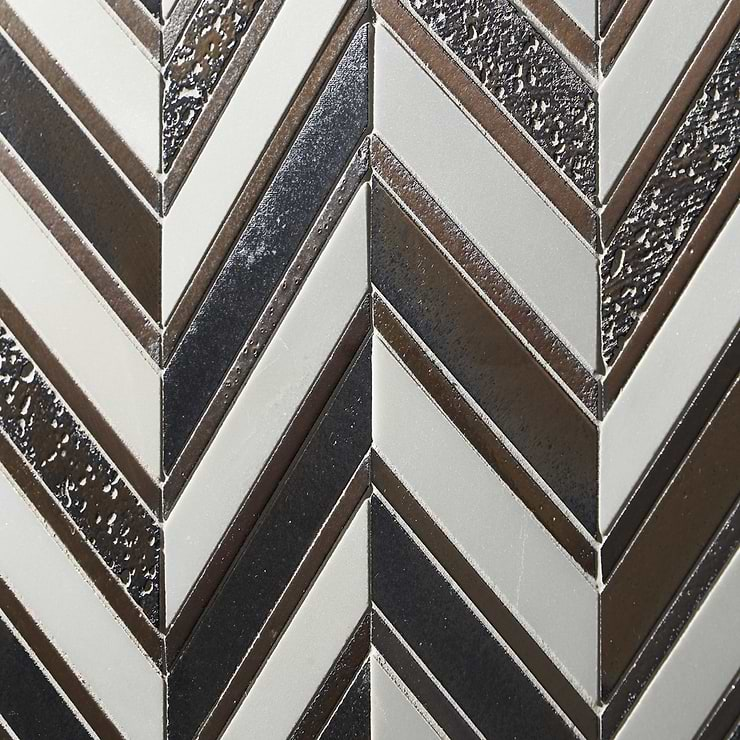 Magma Chevron Susa Bronze Black & White Asian Statuary Marble & Lava Stone Polished Mosaic Tile