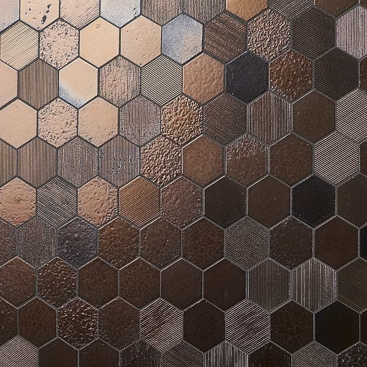 Magma Hexagon Mixed Bronze 3" Polished Lava Stone Mosaic Tile