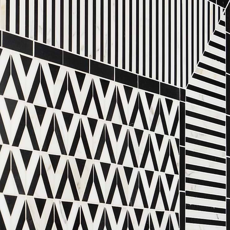 Monroe Triangle Calacatta and Black Jade Polished Marble Mosaic Tile