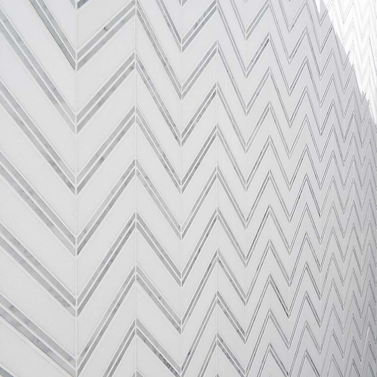 Monarch White Thassos With Carrara 1x4 Herringbone Polished Marble Tile