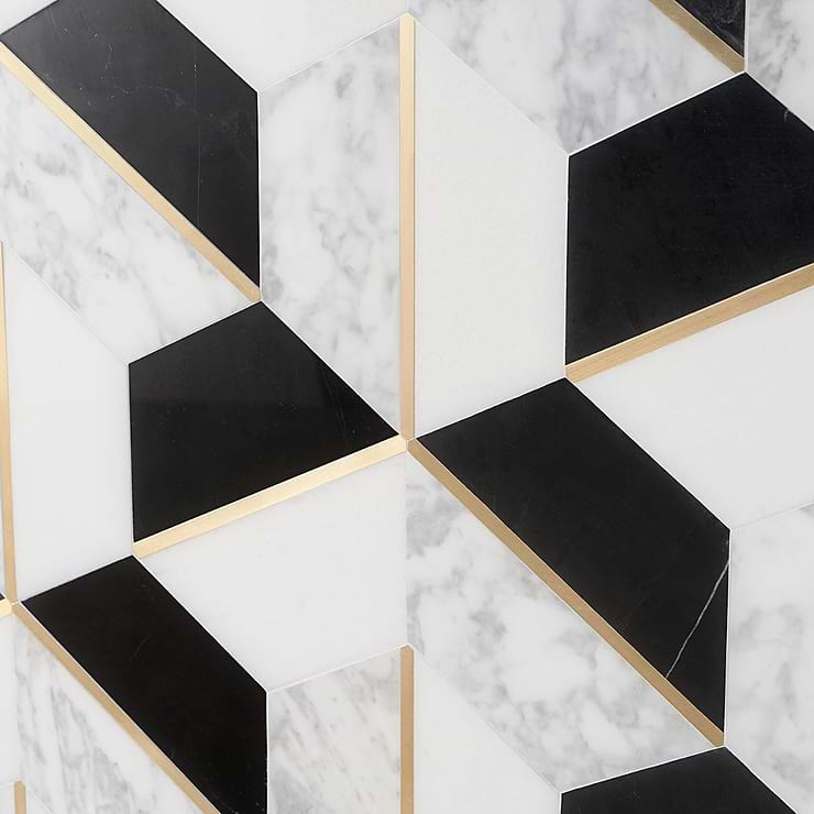 Decade Nero Blanco Polished Marble and Brass Mosaic Tile