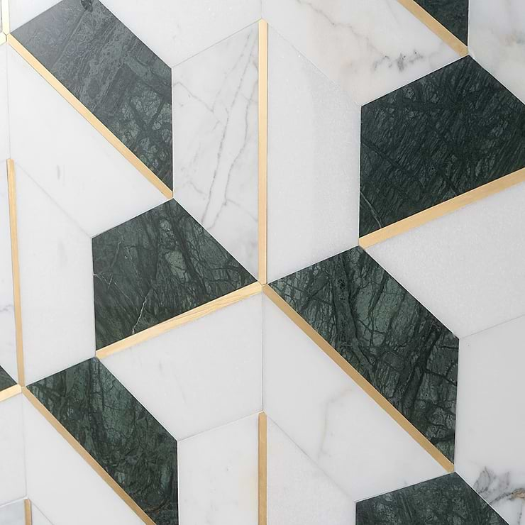 Decade Verde Polished Marble and Brass Mosaic Tile