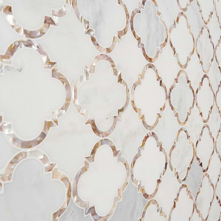 Cassie Chapman Eva White 4" Polished Marble & Mother of Pearl Arabesque Mosaic Tile