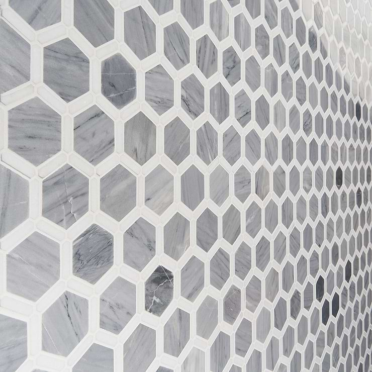 Florentine Halley Gray & White Thassos 2" Hexagon Polished Marble Mosaic Tile