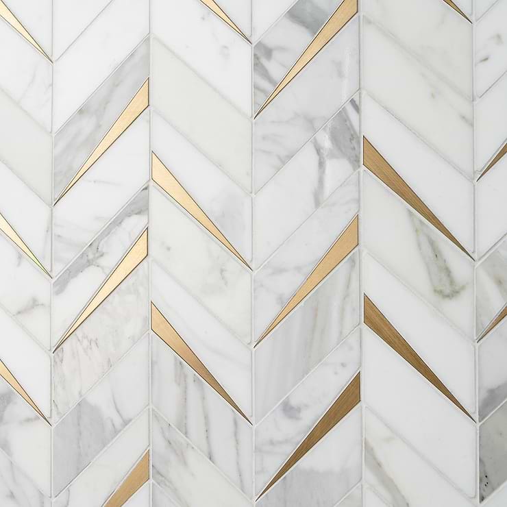 Vara Calacatta Polished Marble and Brass Mosaic Tile