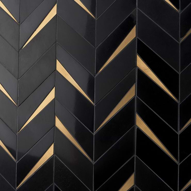 Vara Nero Polished Marble and Brass Mosaic Tile