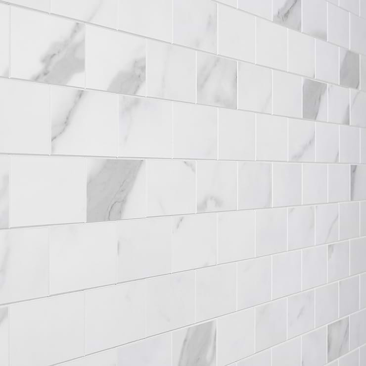 Calacatta LPS White 2x4 Brick Solid Core Peel & Stick Self Adhesive Marble Look Matte Tile