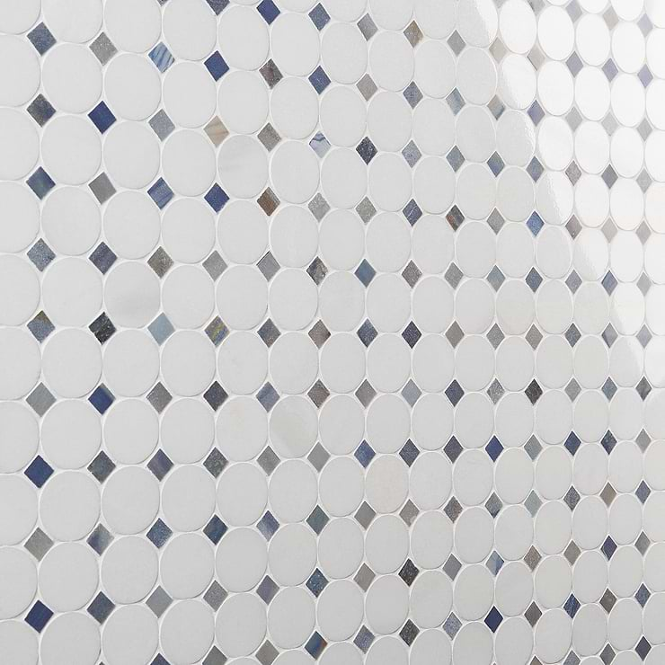 Kinetic Satellite 1x2 White Thassos & Blue Macauba Polished Marble Mosaic Tile