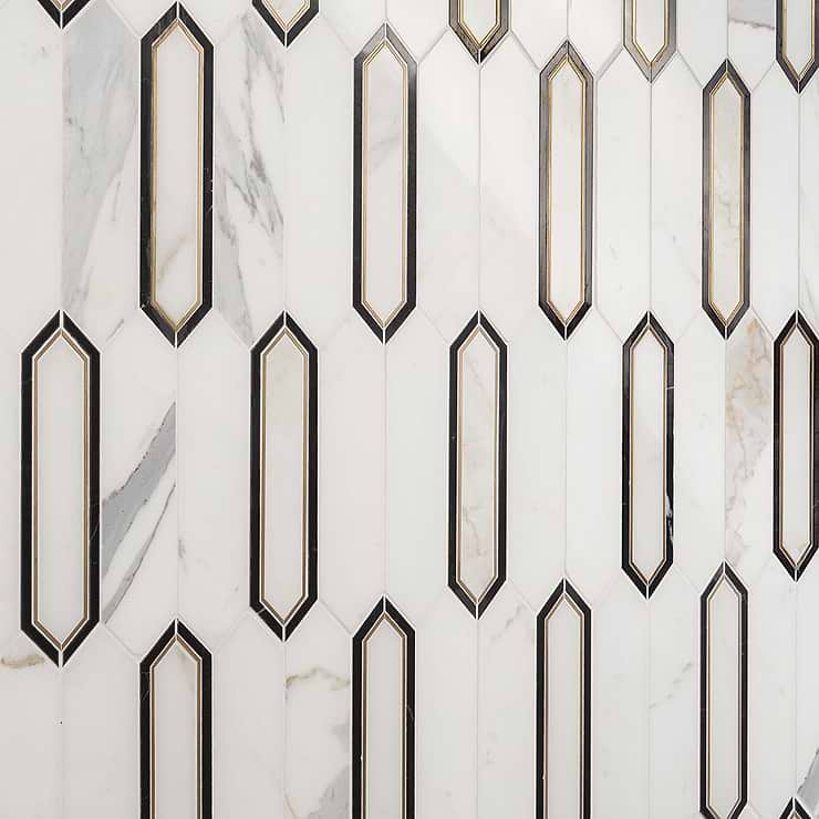 Zeus White Calacatta 2x8 Picket Polished Marble and Brass Waterjet Mosaic Tile