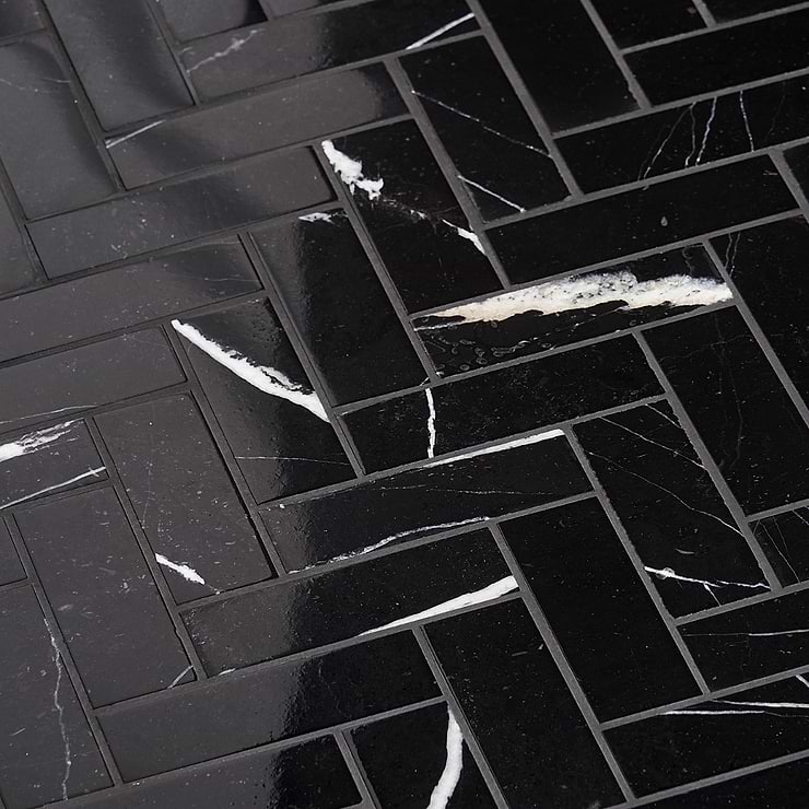 Nero Marquina 1x3 Herringbone Polished Marble Mosaic Tile