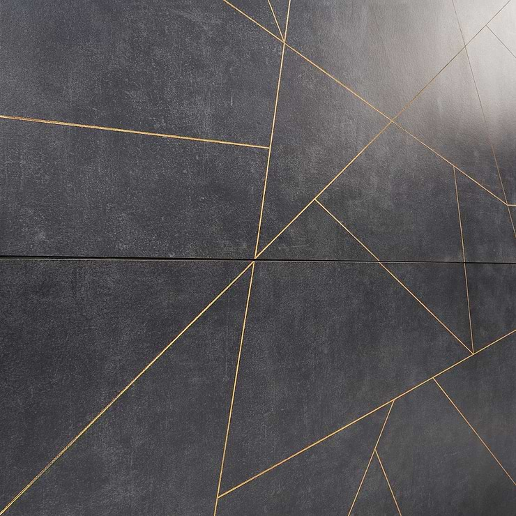 Whitney Ardesia Charcoal Black and Gold Line 24x48 Artisan Decor Matte Porcelain Wall Tile