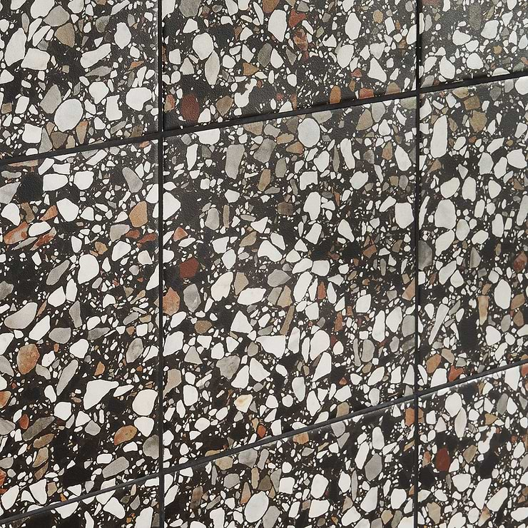 Chips Macro Nero Black 8x8 Terrazzo Look Matte Porcelain Tile