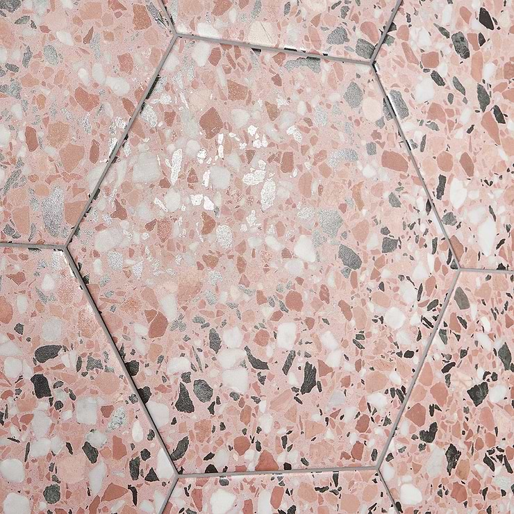 Six Hexagon Earth Pink 12.5" Terrazzo Look Matte Porcelain Tile