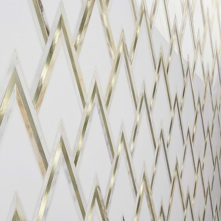 VZAG White and Gold 6" Polished Marble & Brass Mosaic Tile by Vanessa Deleon