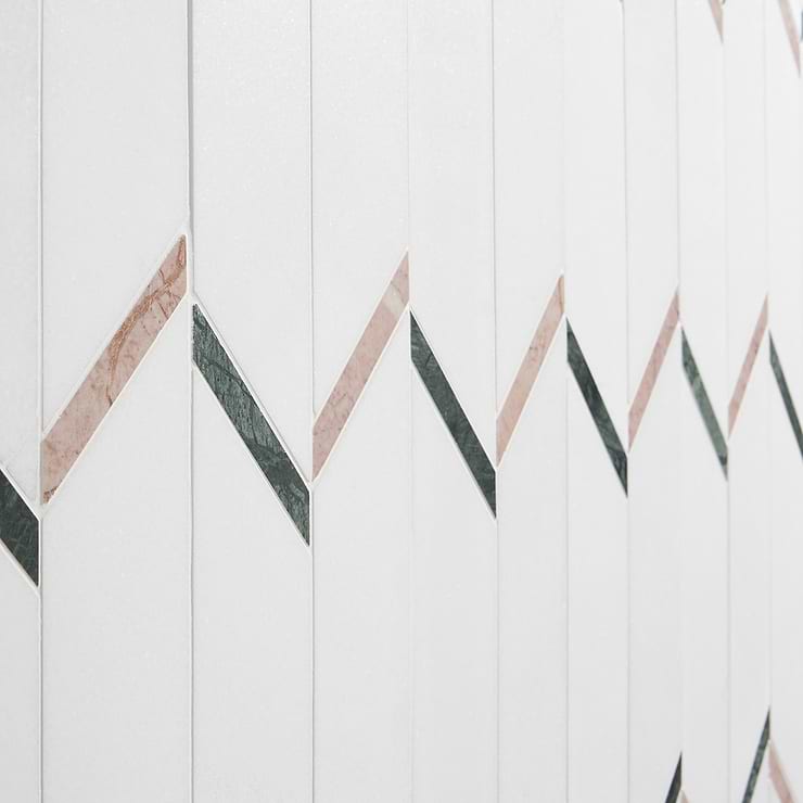 Fitz White Thassos Vera Polished Marble Mosaic Tile- Green and Pink Stripes