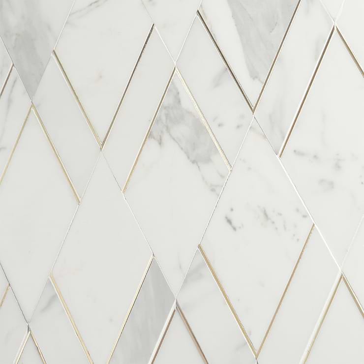 Enver Calacatta Polished Marble and Brass Mosaic Tile