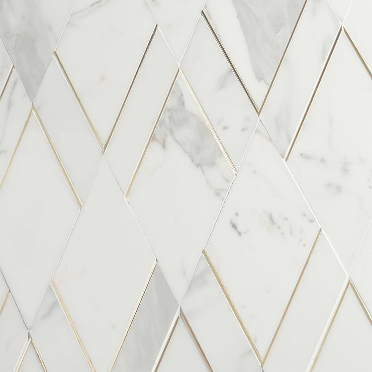 Enver Calacatta Polished Marble and Brass Mosaic Tile