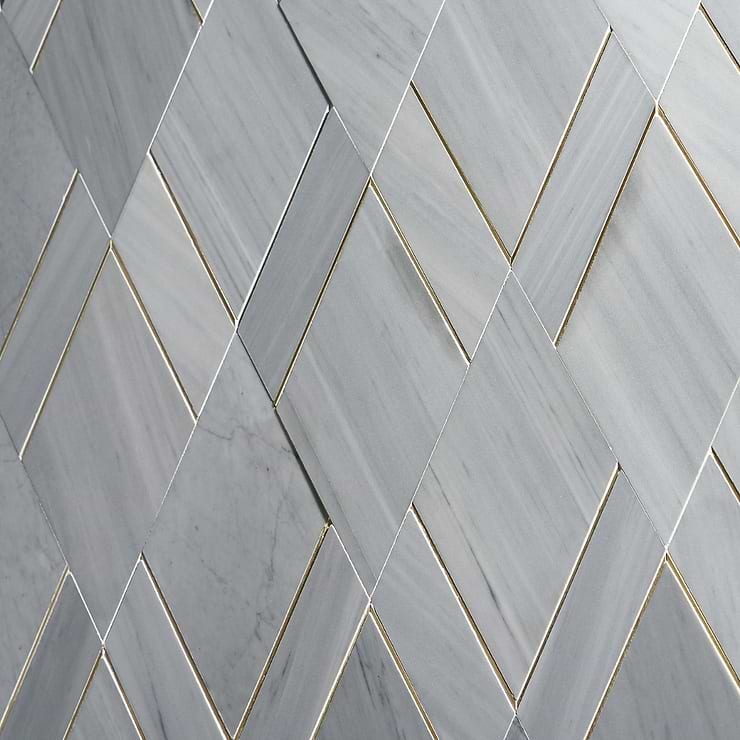 Enver Gray Polished Marble and Brass Mosaic Tile