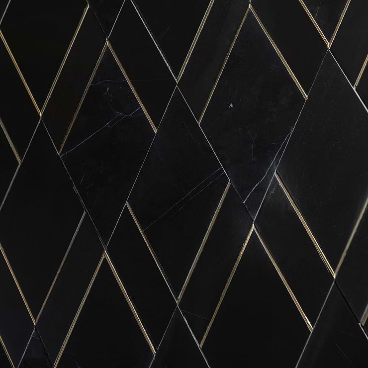 Enver Nero Polished Marble and Brass Mosaic Tile