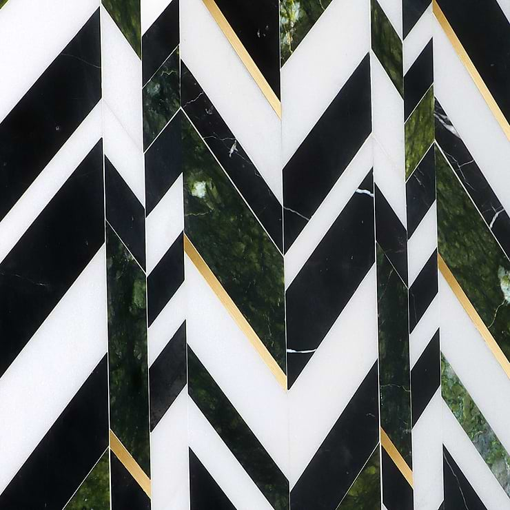 Amari Verde Green Jade Polished Marble and Brass Chevron Mosaic Tile