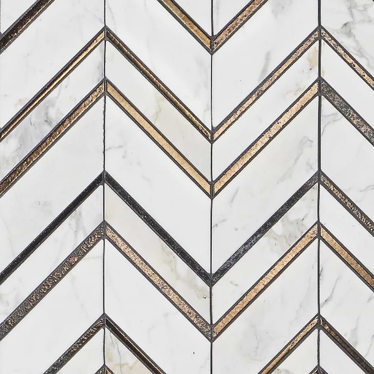 Magma Chevron Florence Bronze & White Polished Calacatta Marble & Lava Stone Mosaic Tile