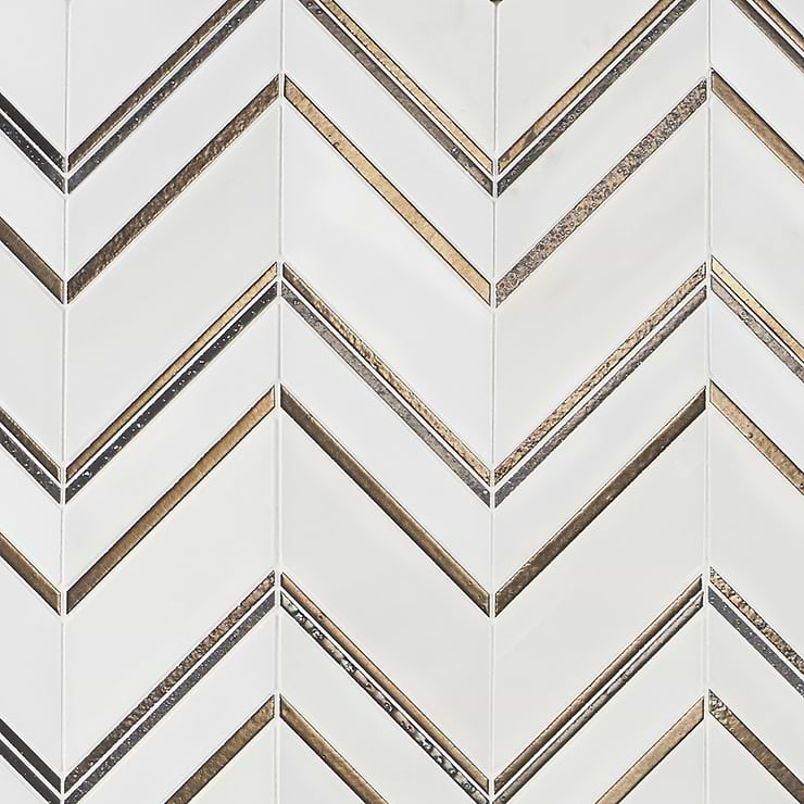 Magma Chevron Palermo White Marble and Bronze Lava Stone Polished Mosaic Tile