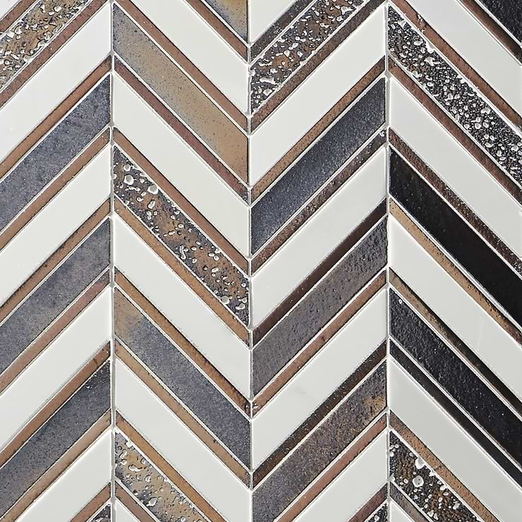 Magma Chevron Susa Bronze Black & White Asian Statuary Marble & Lava Stone Polished Mosaic Tile