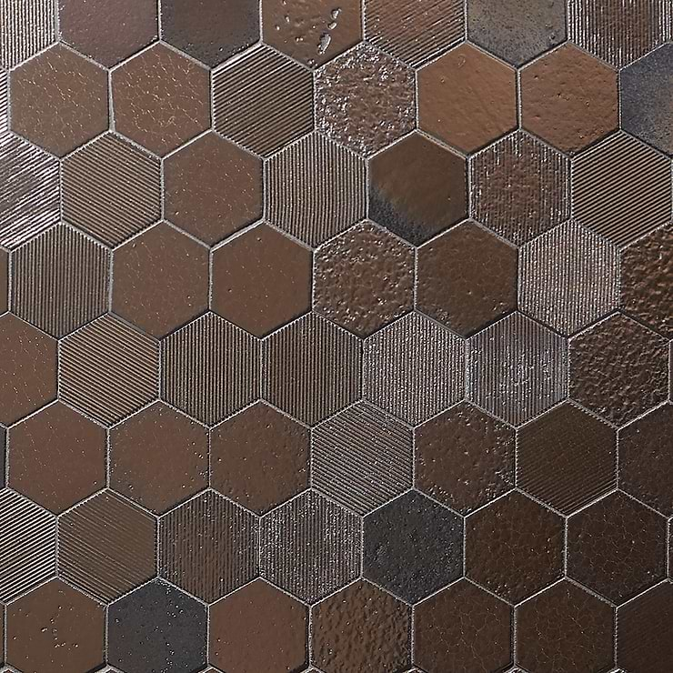 Magma Hexagon Mixed Bronze 3" Polished Lava Stone Mosaic Tile