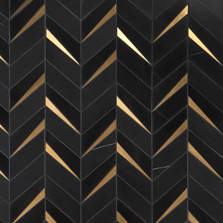 Vara Nero Polished Marble and Brass Mosaic Tile