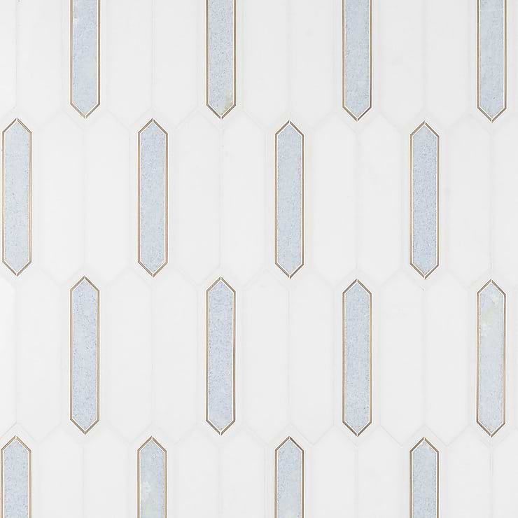 Zeus Blue Celeste 2x8 Picket Polished Marble and Brass Waterjet Mosaic Tile