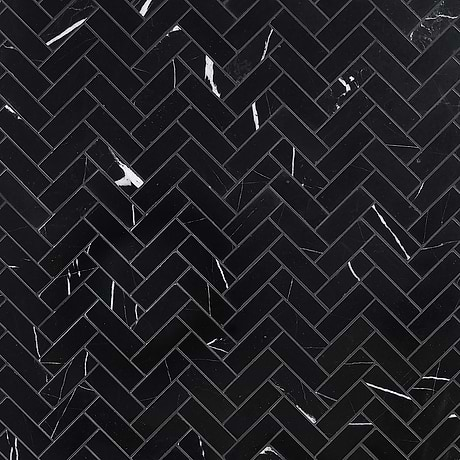 Nero Marquina 1x3 Herringbone Polished Marble Mosaic Tile