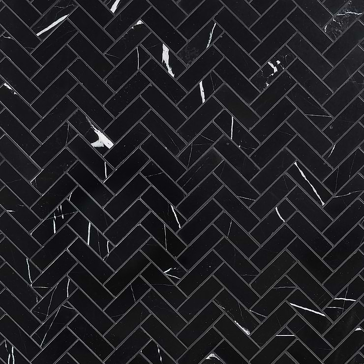 Nero Marquina 1x3 Herringbone Polished Marble Mosaic Tile