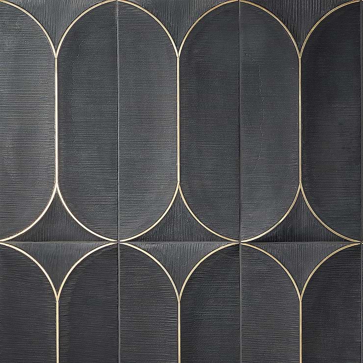 Calypso 3D Carved Nero Black Brass Inlay 8x16 Textured Honed Marble Limestone Tile