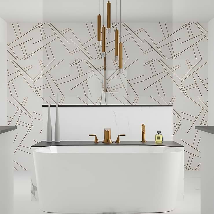 Empire White & Gold 24x24 Nanoglass & Brass Polished Mosaic Tile