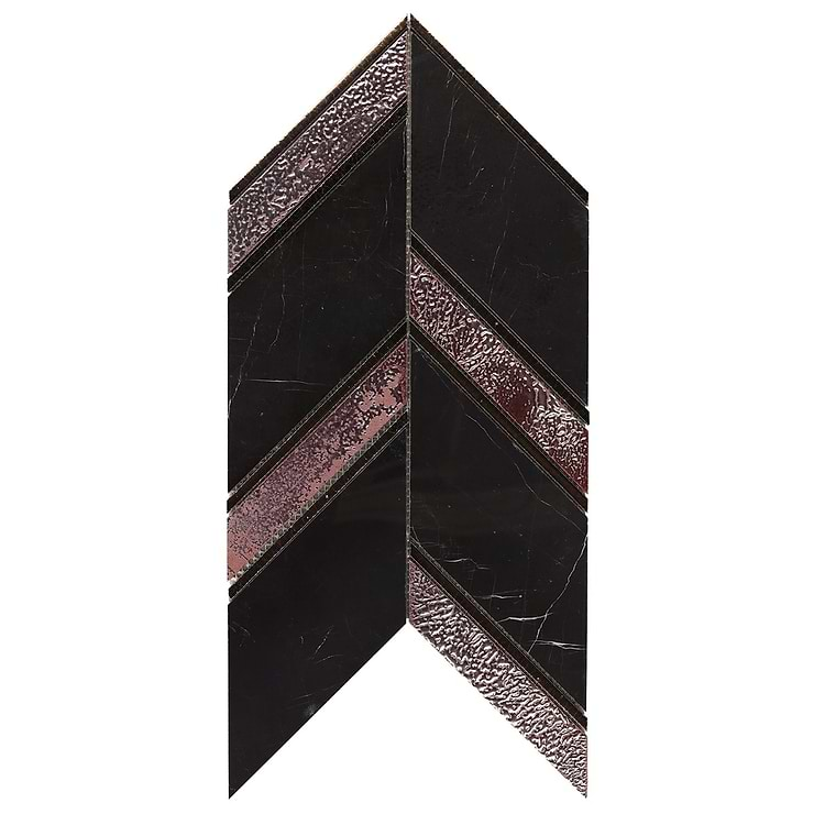 Magma Chevron Barcelona Nero Marquina Black and Iron Lava Stone Polished Mosaic Tile