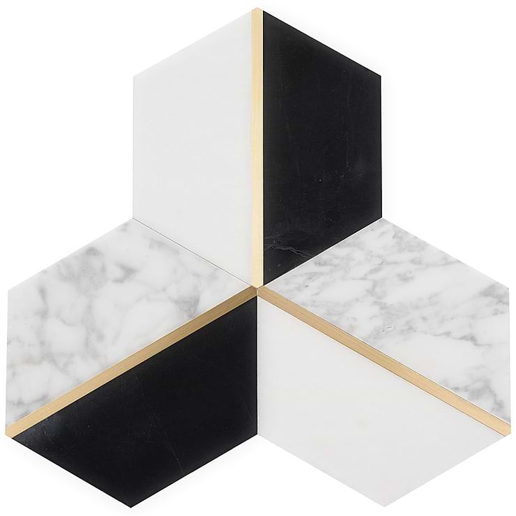 Decade Nero Blanco Polished Marble and Brass Mosaic Tile