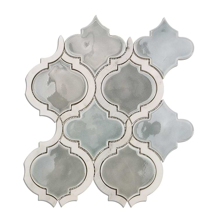 Nabi Arabesque Arctic Blue 4" Crackled Mixed Finish Glass & Marble Mosaic Tile