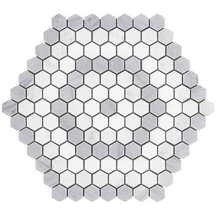 Juno Honeycomb Gray and White 1" Hexagon Polished Marble Mosaic Tile