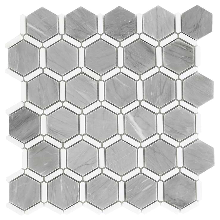 Florentine Halley Gray & White Thassos 2" Hexagon Polished Marble Mosaic Tile