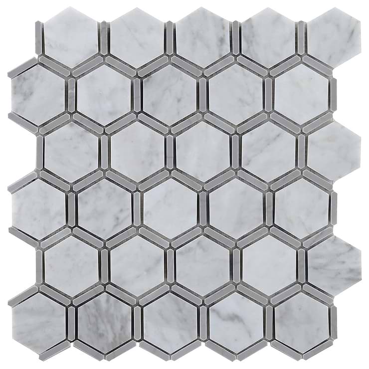 Florentine Carrara & Light Bardiglio Gray 2" Hexagon Polished Marble Mosaic Tile