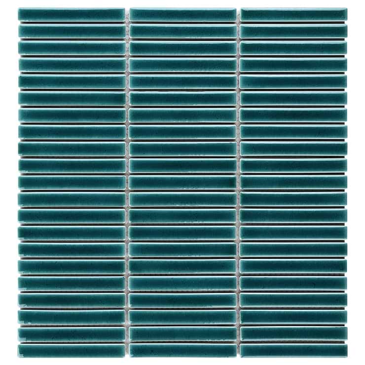 Kai Teal 1x4" Tri-Stacked Crackled Glossy Porcelain Mosaic Tile