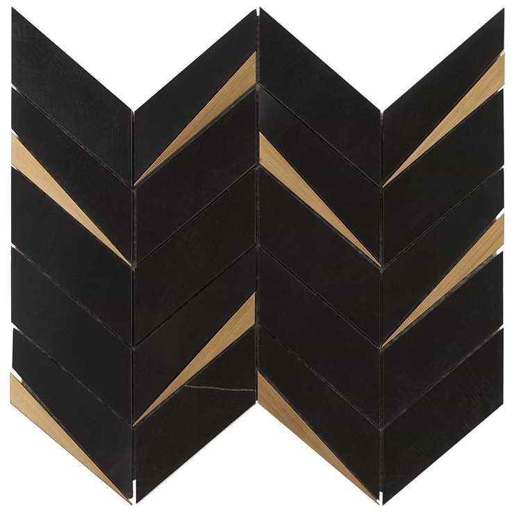 Vara Nero Polished Marble and Brass Mosaic Tile