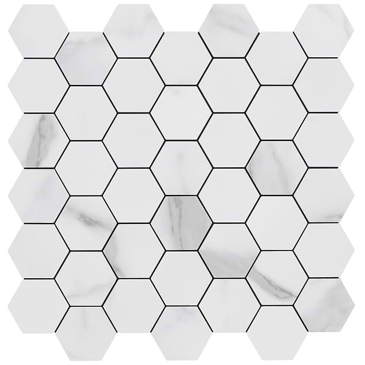 Calacatta White 2" Hexagon Peel & Stick Self Adhesive Marble Look Matte Mosaic Wall Tile