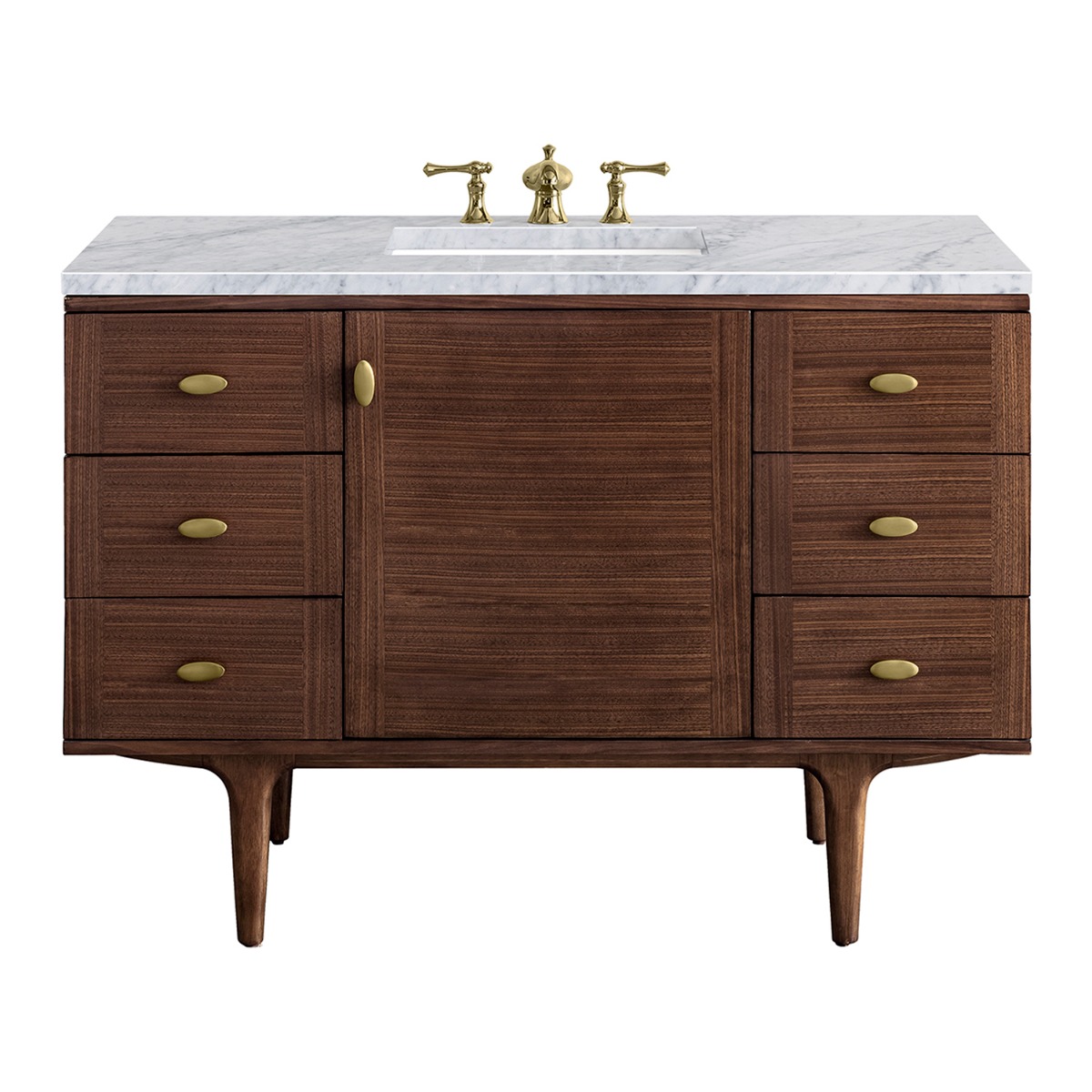 James Martin Vanities Amberly Mid-Century Walnut 48" Single Vanity with Carrara Marble Top