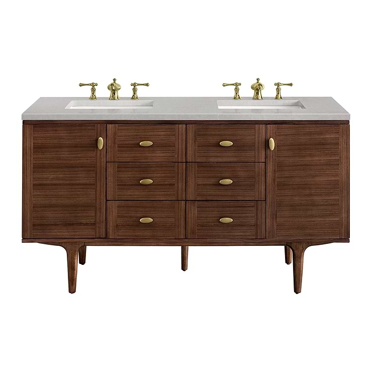 James Martin Vanities Amberly Mid-Century Walnut 60" Double Vanity with Eternal Serena Quartz Top