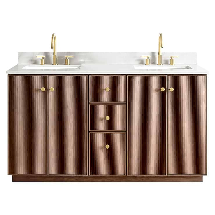 Florencia Brown Oak 60" Double Vanity with Pacific White Quartz Top