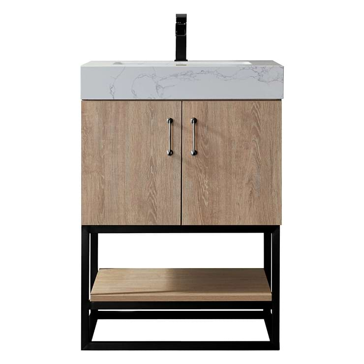 Ithica White Oak 24" Single Vanity and Black Hardware with Atlantic Stone Top